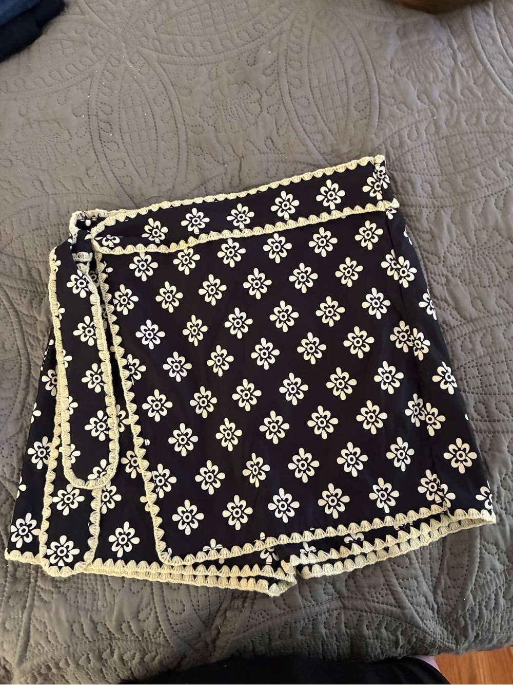 Women’s Black Floral Wrap Skirt with Cream Trim